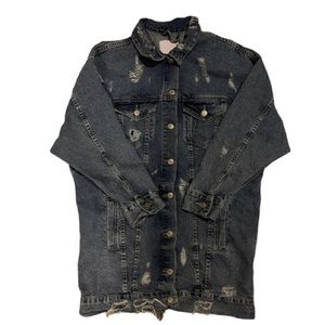 Zara- Oversized Medium Wash Distressed Denim Jacket.